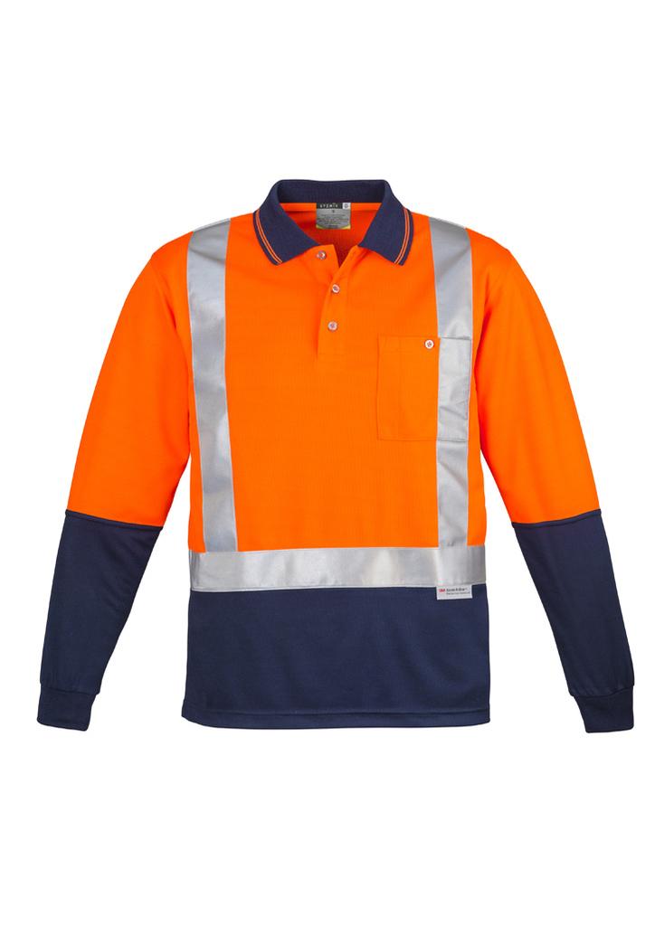 [9401042255297] ZH234 - Mens Hi Vis Spliced Long Sleeve Polo - Shoulder Taped (S, Orange/Navy)