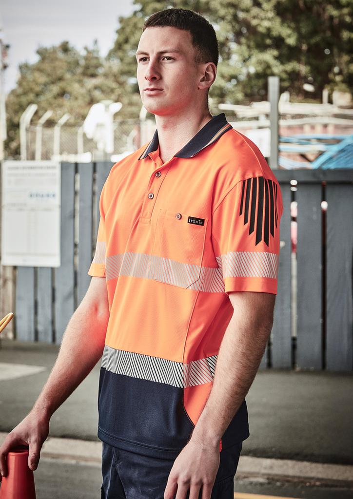 [9401042715432] ZH555 - Mens Hi Vis Flux Segmented Tape Short Sleeve Polo (XXS, Orange/Navy)