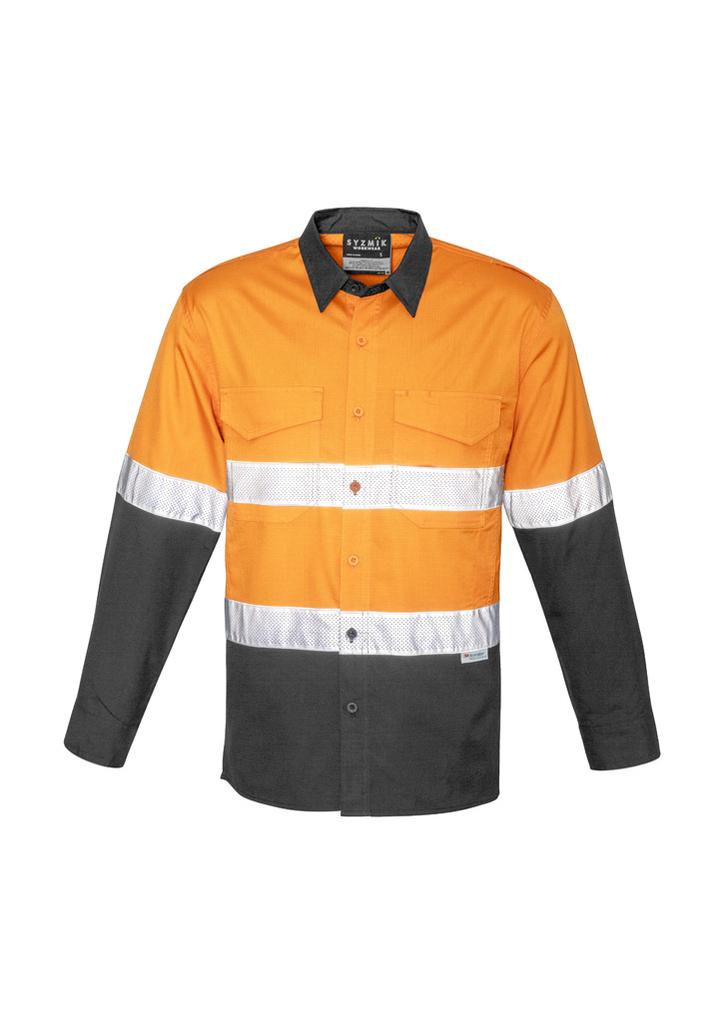[9401042303523] ZW129 - Mens Rugged Cooling Hi Vis Taped Long Sleeve Shirt (XXS, Orange/Charcoal)