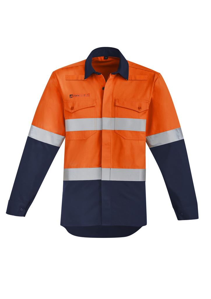 [9401042480217] ZW140 - Mens Orange Flame Hi Vis Open Front Spliced Shirt - Hoop Taped (XXS, Orange/Navy)