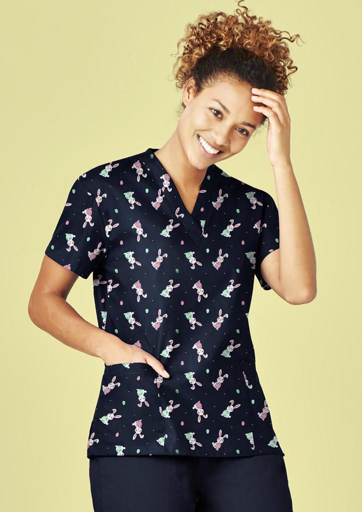 [9401042604088] CST152LS - Womens Easter V-Neck Short Sleeve Scrub Top (XS)