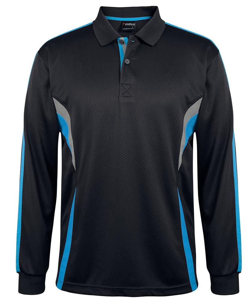 [7CLPBDG12] 7CLP - Podium L/S Cool Polo (2XS, Black/Aqua/Grey)
