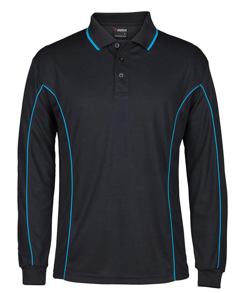 [7PIPLBL12] 7PIPL - Podium L/S Piping Polo (2XS, Black/Aqua)
