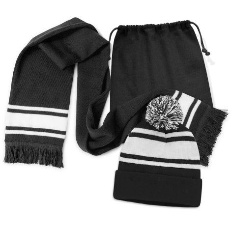 [116199] Commodore Scarf and Beanie with Pom Pom Set - 129251 (Black)